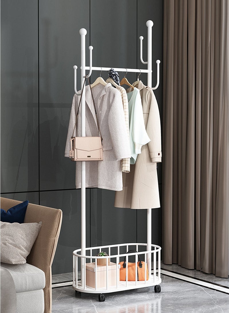 BEIRUI Rolling Metal Clothes Rack, Metal Clothes Rack with Wheels and Storage Basket, Branch Shape Hooks, Suitable for Hanging Clothes, Hats and Handbags in Living Room, Bedroom 60cm - Image 1